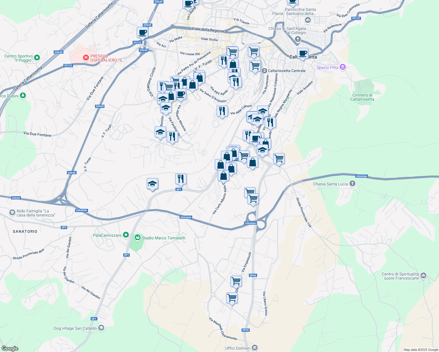 map of restaurants, bars, coffee shops, grocery stores, and more near 207 Via Carlo Alberto dalla Chiesa in Caltanissetta