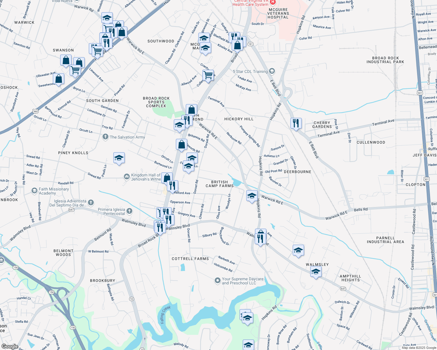 map of restaurants, bars, coffee shops, grocery stores, and more near 4219 Ferguson Lane in Richmond
