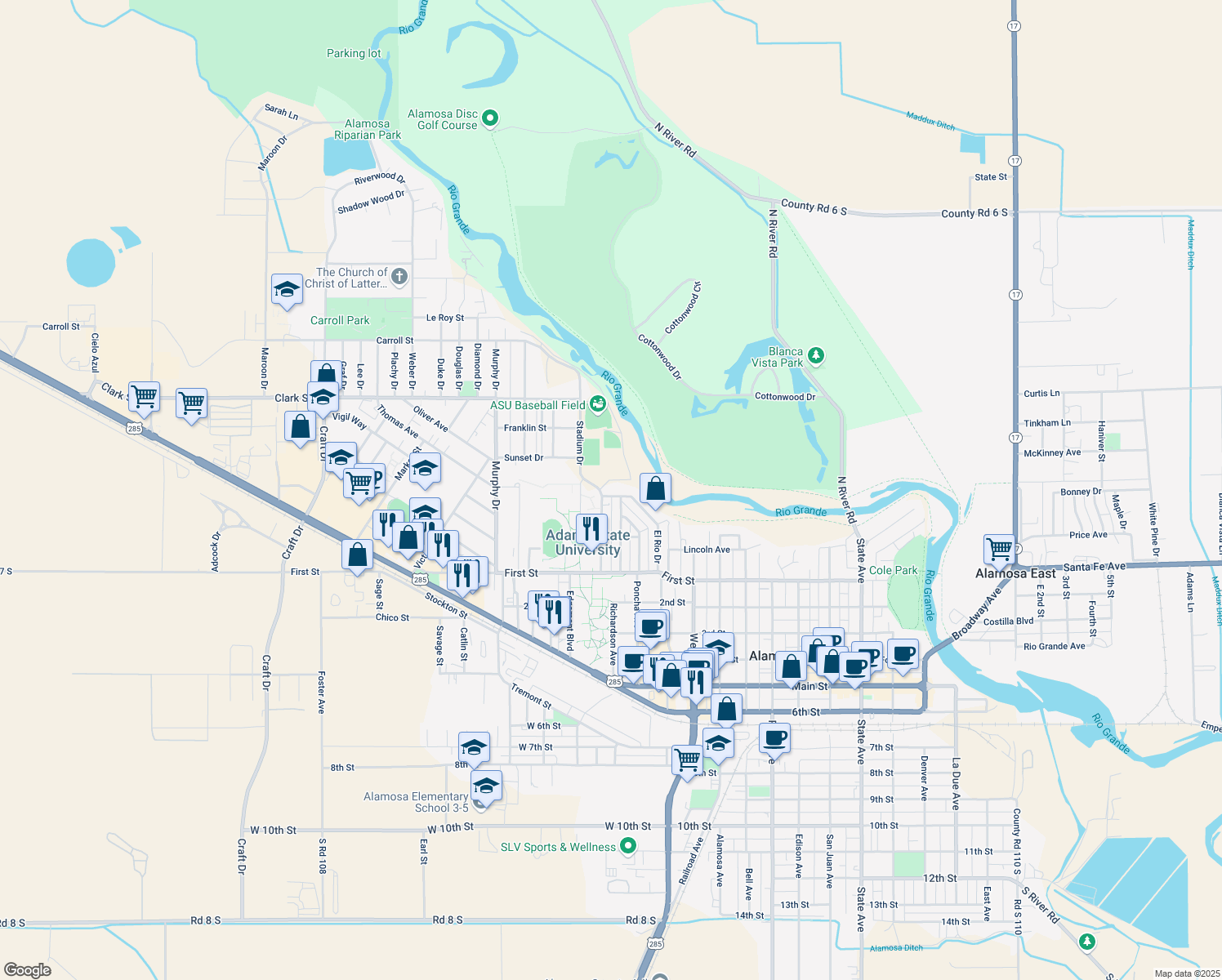 map of restaurants, bars, coffee shops, grocery stores, and more near 52 El Rio Drive in Alamosa