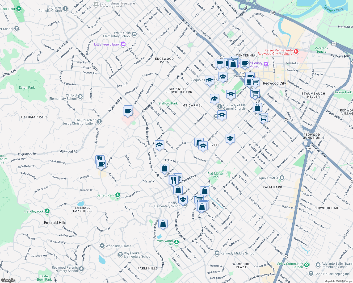 map of restaurants, bars, coffee shops, grocery stores, and more near 2 Inner Circle in Redwood City