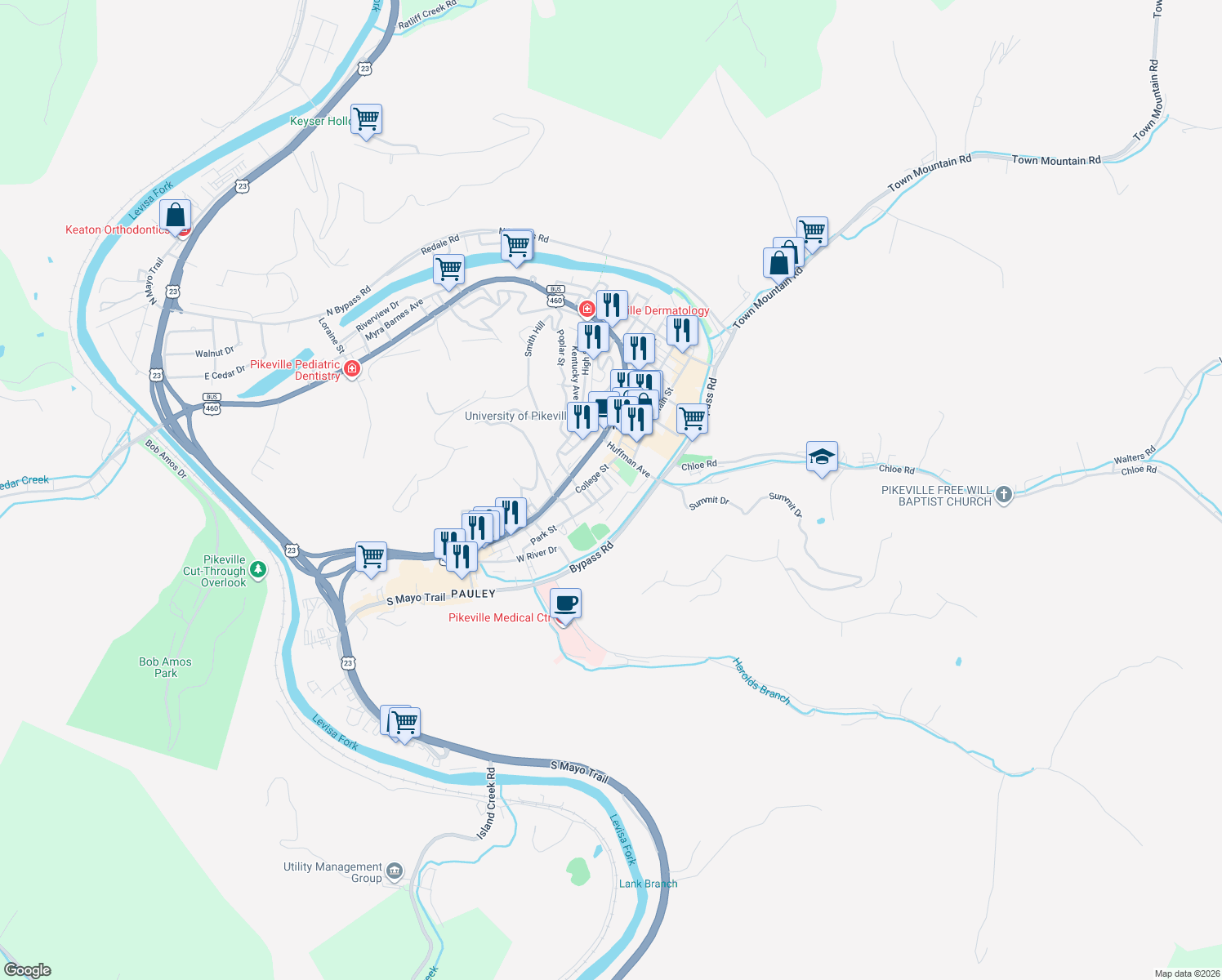 map of restaurants, bars, coffee shops, grocery stores, and more near 142 Bank Street in Pikeville