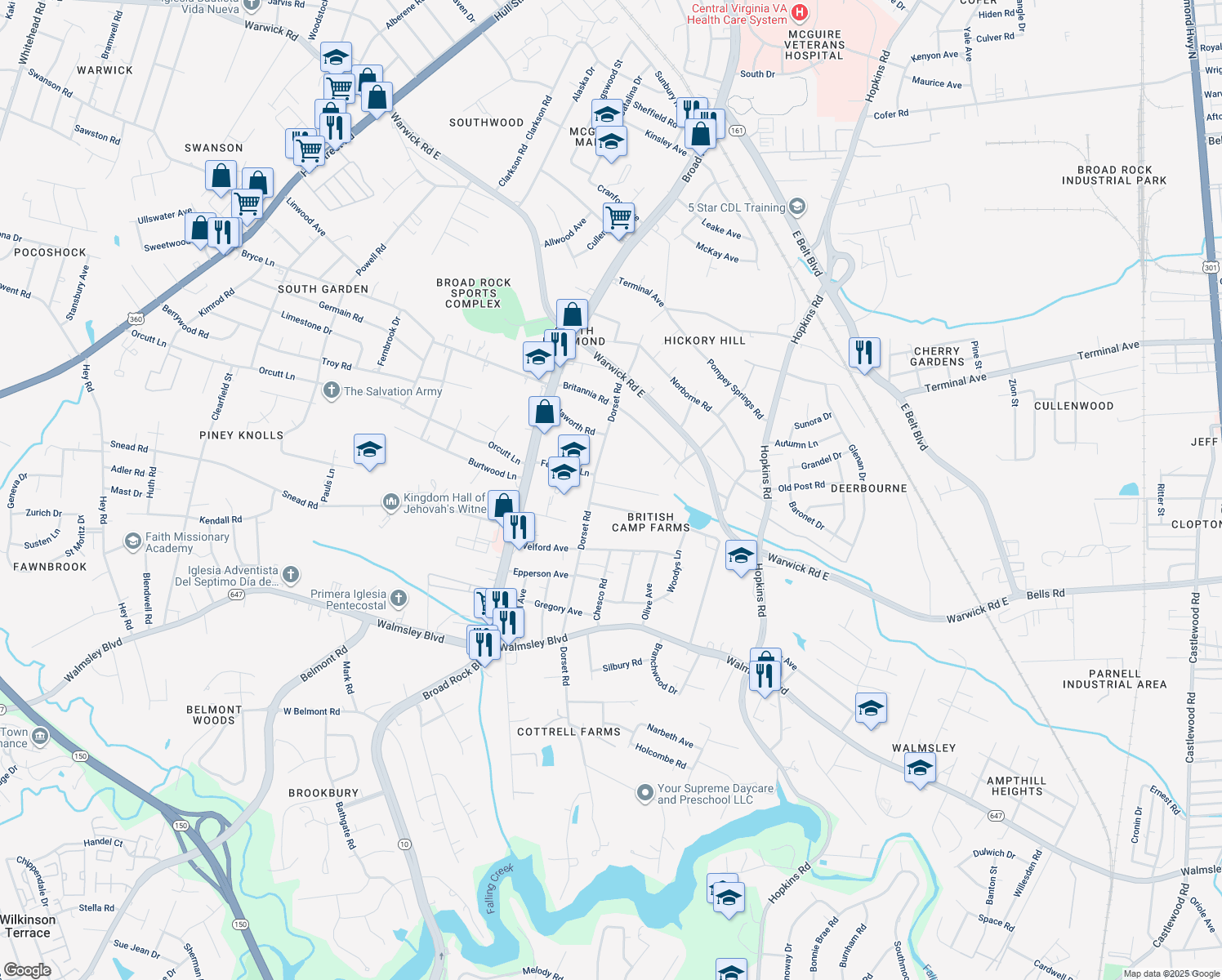 map of restaurants, bars, coffee shops, grocery stores, and more near 4325 Ferguson Lane in Richmond
