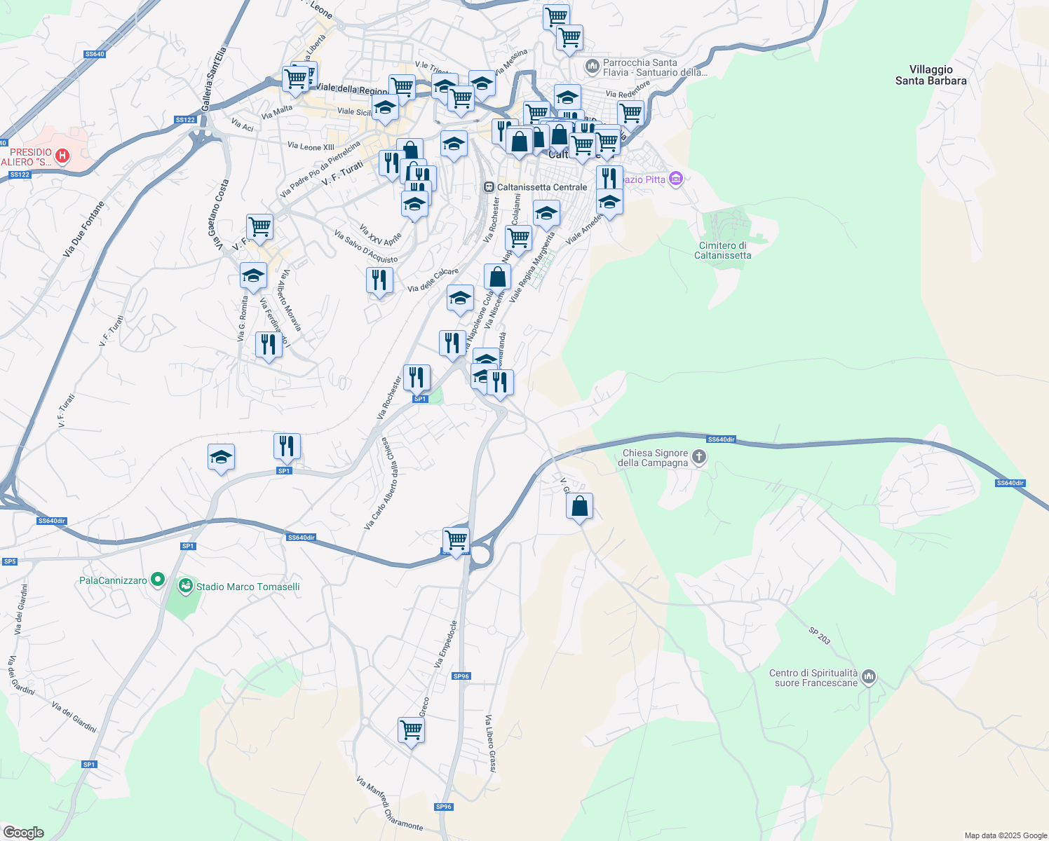 map of restaurants, bars, coffee shops, grocery stores, and more near 369 Via Sant'Averna in Caltanissetta