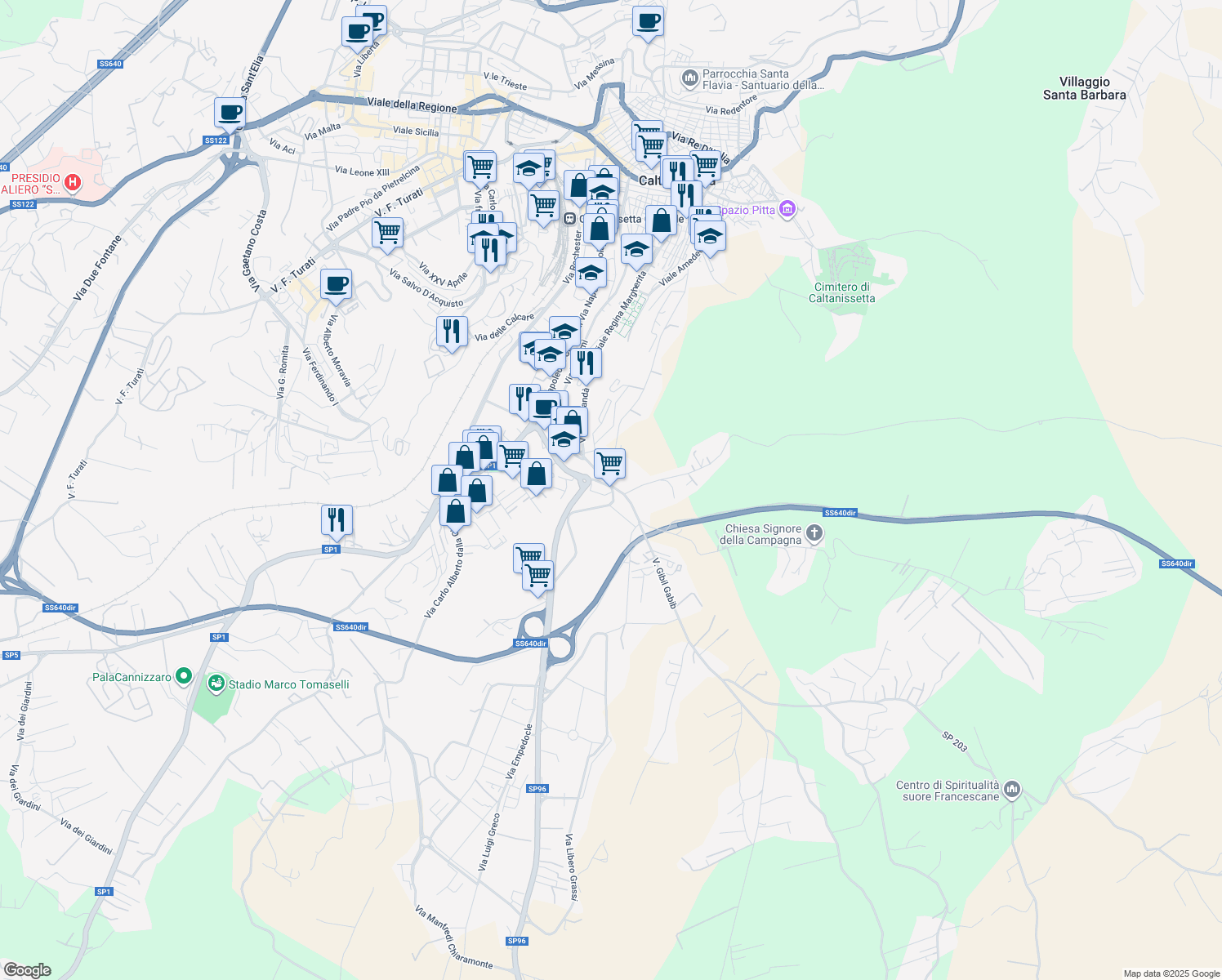 map of restaurants, bars, coffee shops, grocery stores, and more near 369 Via Sant'Averna in Caltanissetta