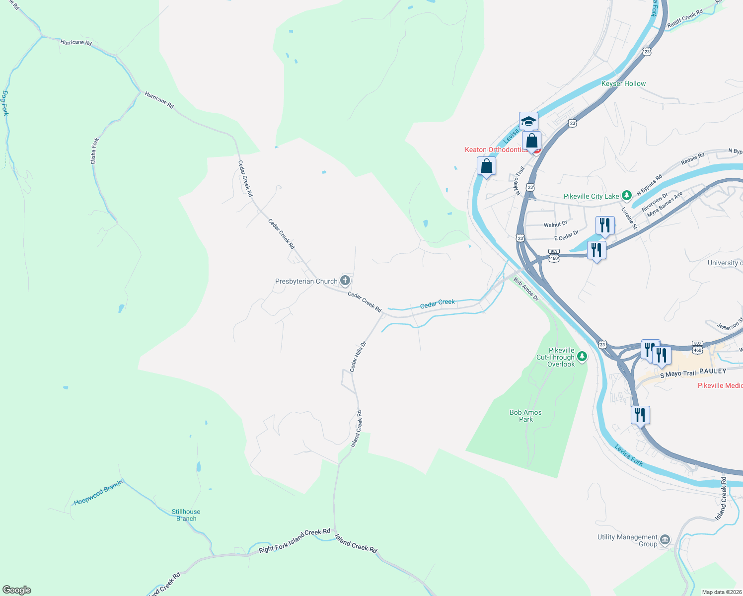 map of restaurants, bars, coffee shops, grocery stores, and more near 470 Cedar Creek Road in Pikeville