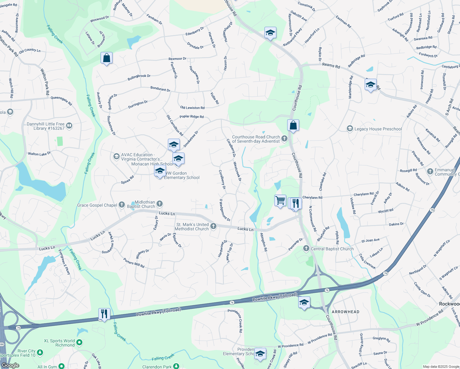 map of restaurants, bars, coffee shops, grocery stores, and more near 11419 Westcreek Court in Richmond