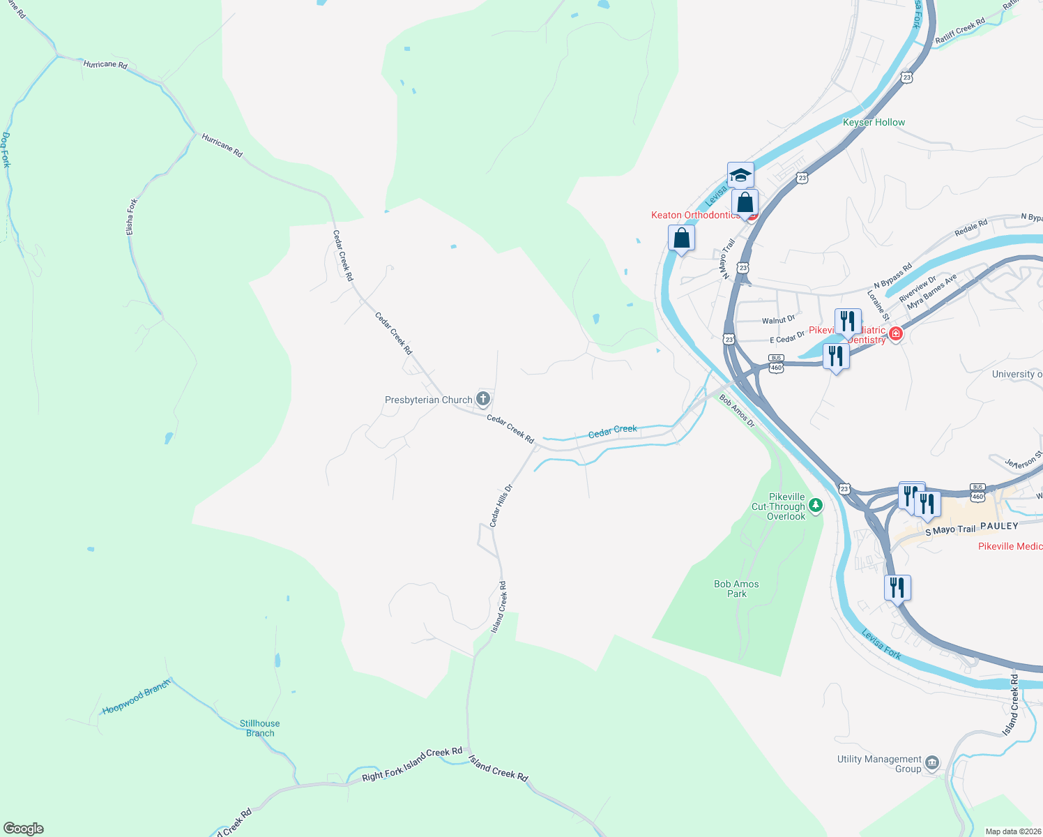 map of restaurants, bars, coffee shops, grocery stores, and more near 470 Cedar Creek Road in Pikeville