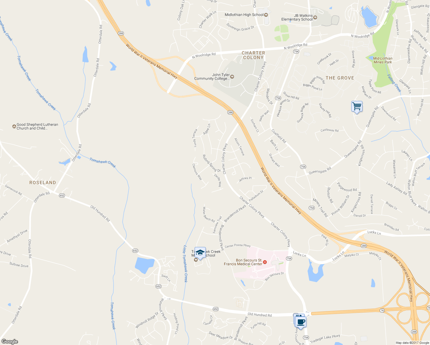 map of restaurants, bars, coffee shops, grocery stores, and more near 1513 Denby Way in Midlothian