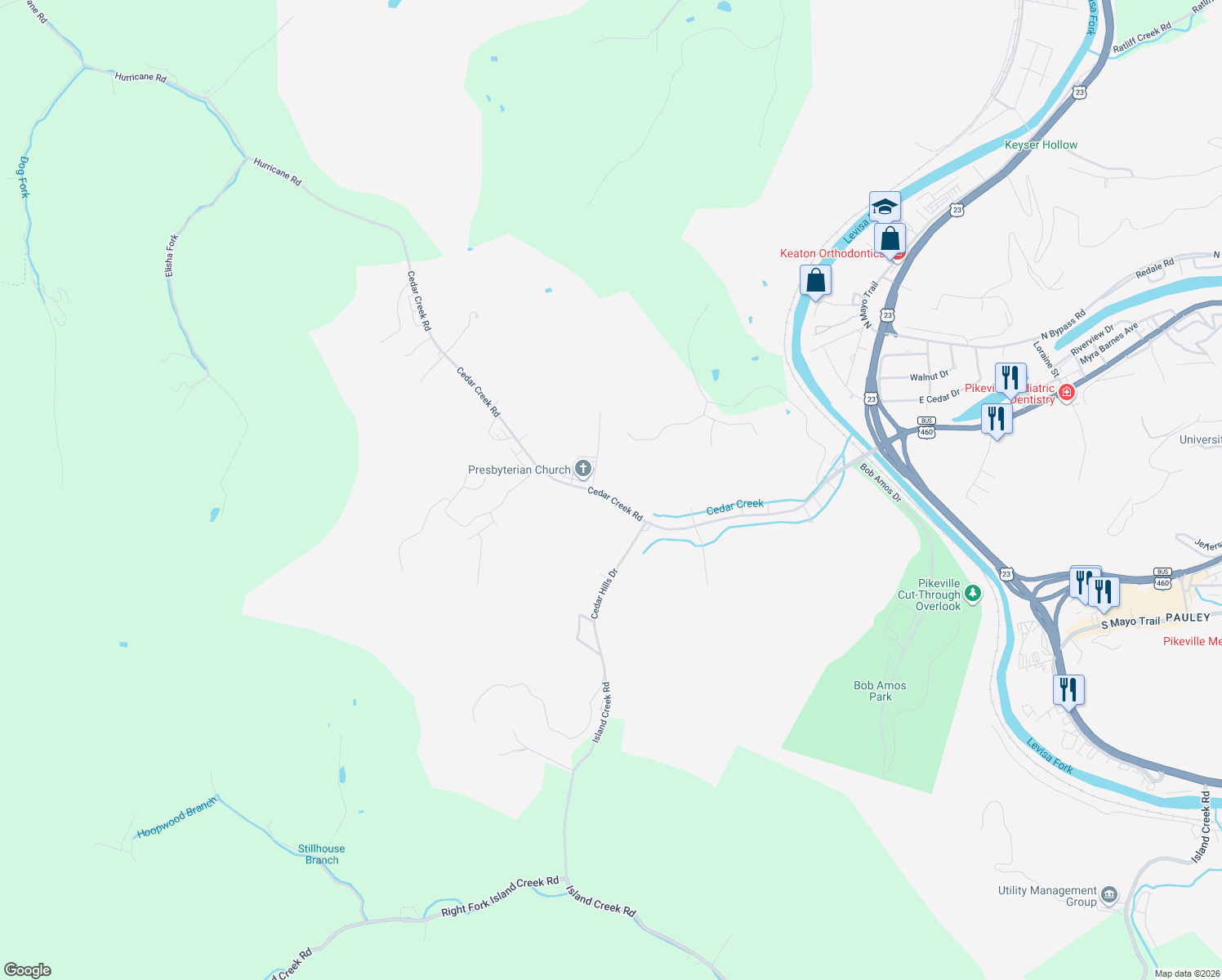 map of restaurants, bars, coffee shops, grocery stores, and more near 470 Cedar Creek Road in Pikeville