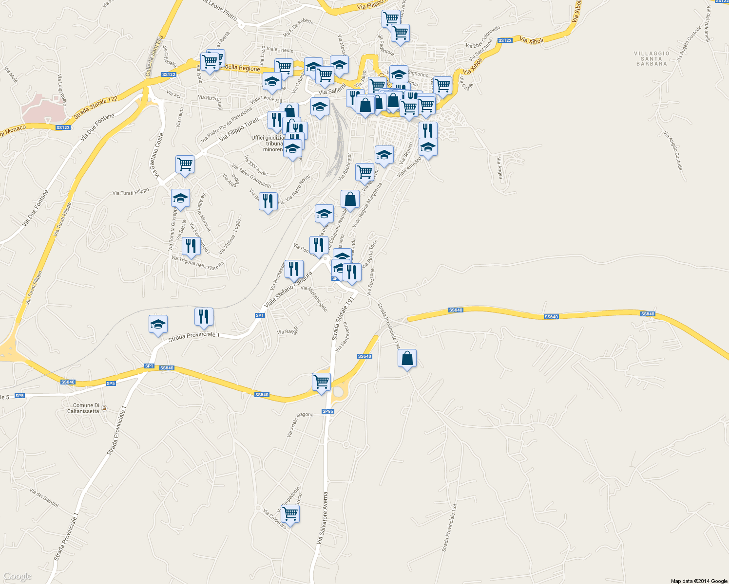 map of restaurants, bars, coffee shops, grocery stores, and more near 369 Via Sant'Averna in Caltanissetta