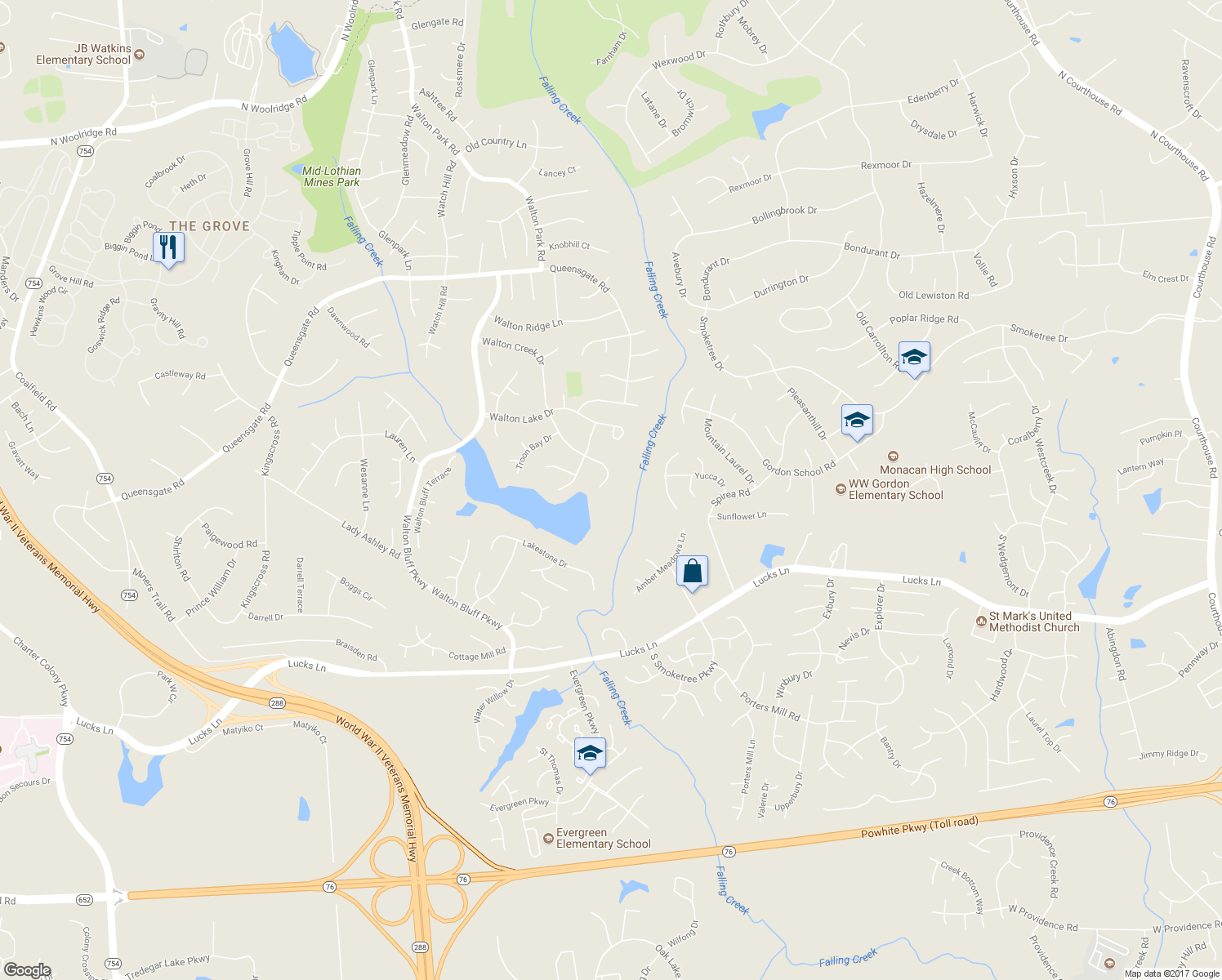 map of restaurants, bars, coffee shops, grocery stores, and more near 1315 Walton Creek Drive in Midlothian
