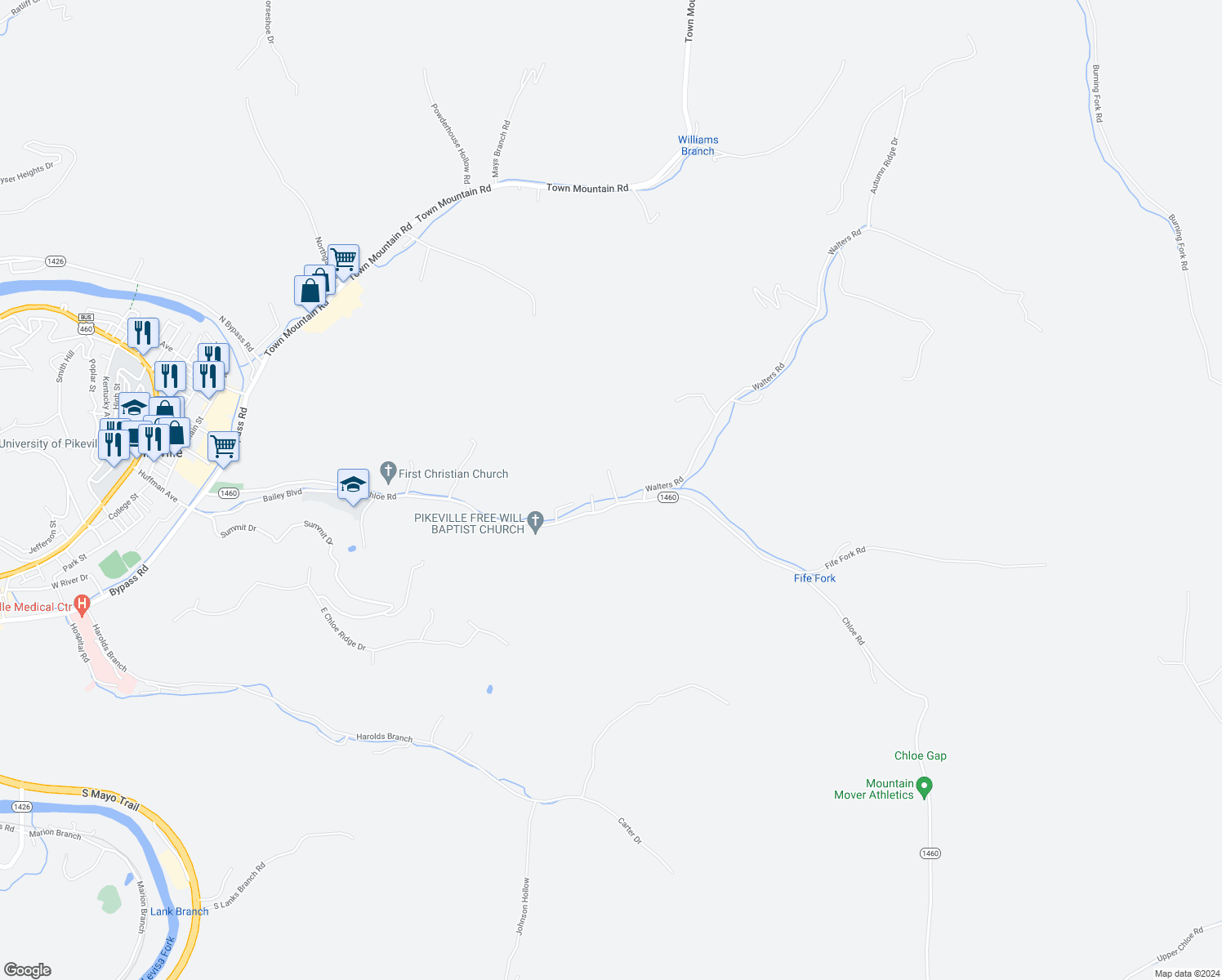 map of restaurants, bars, coffee shops, grocery stores, and more near 583 Chloe Road in Pikeville