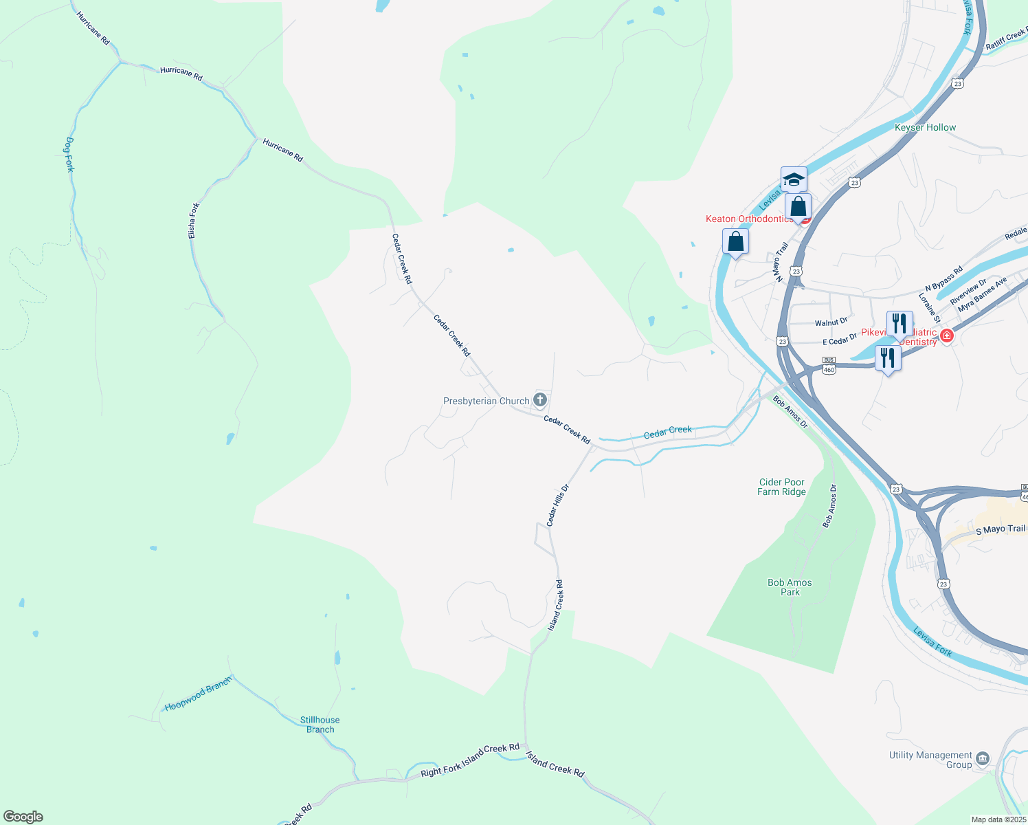map of restaurants, bars, coffee shops, grocery stores, and more near 574 Cedar Creek Road in Pikeville