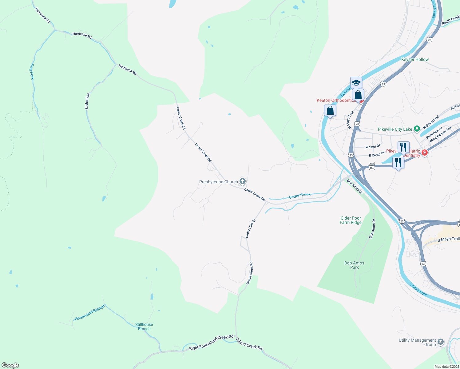 map of restaurants, bars, coffee shops, grocery stores, and more near 574 Cedar Creek Road in Pikeville