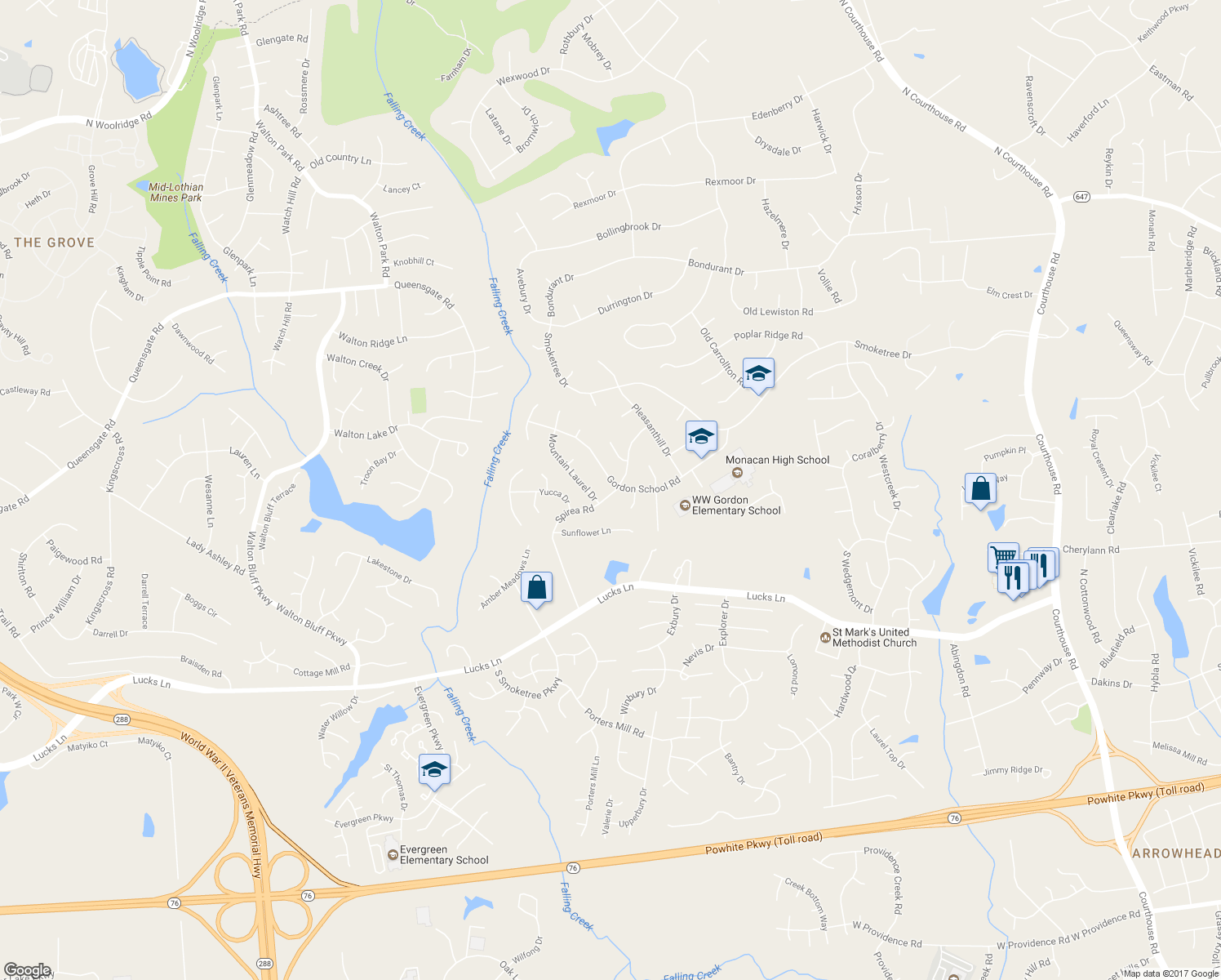 map of restaurants, bars, coffee shops, grocery stores, and more near 11901 Gordon School Road in Richmond