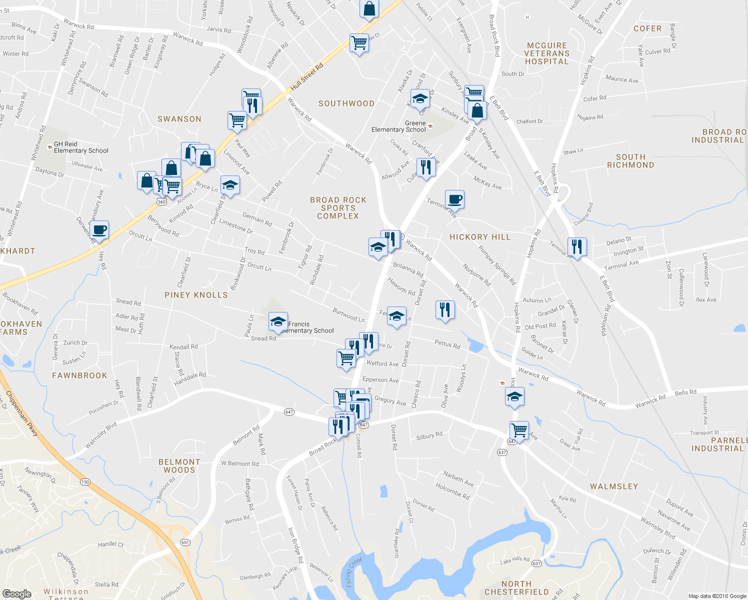 map of restaurants, bars, coffee shops, grocery stores, and more near 2840 Broad Rock Boulevard in Richmond
