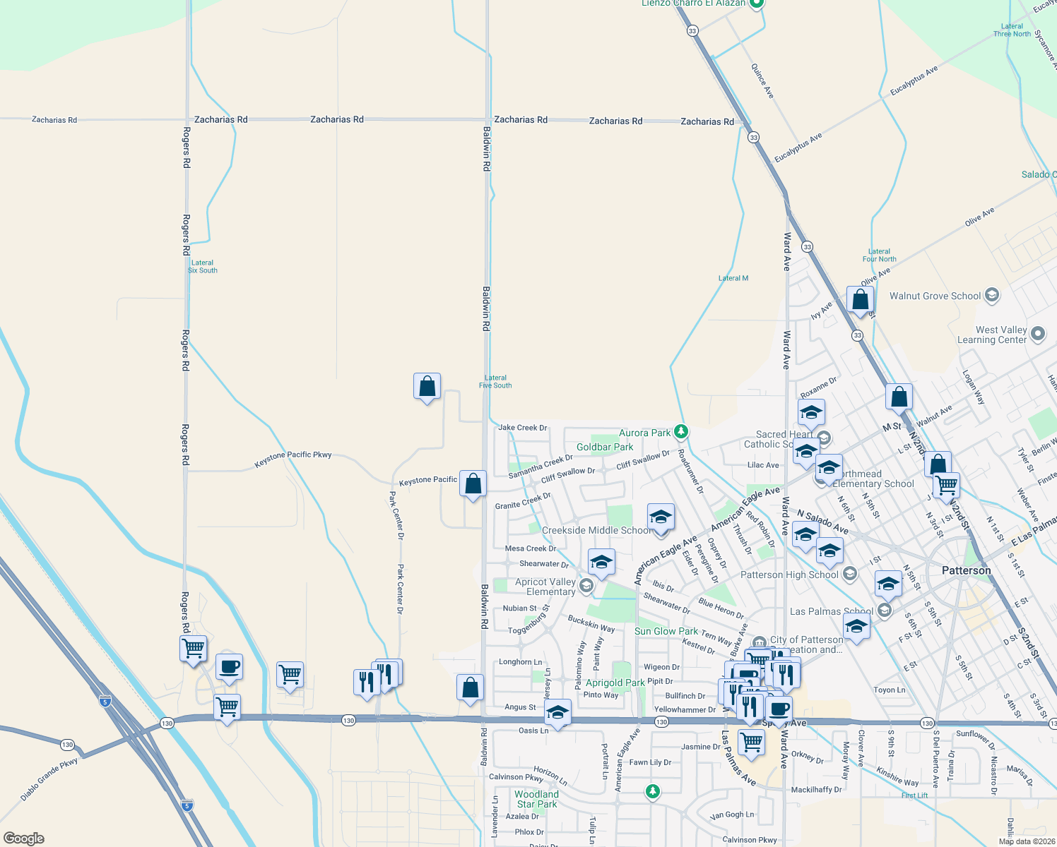 map of restaurants, bars, coffee shops, grocery stores, and more near 1425 Jake Creek Dr in Patterson