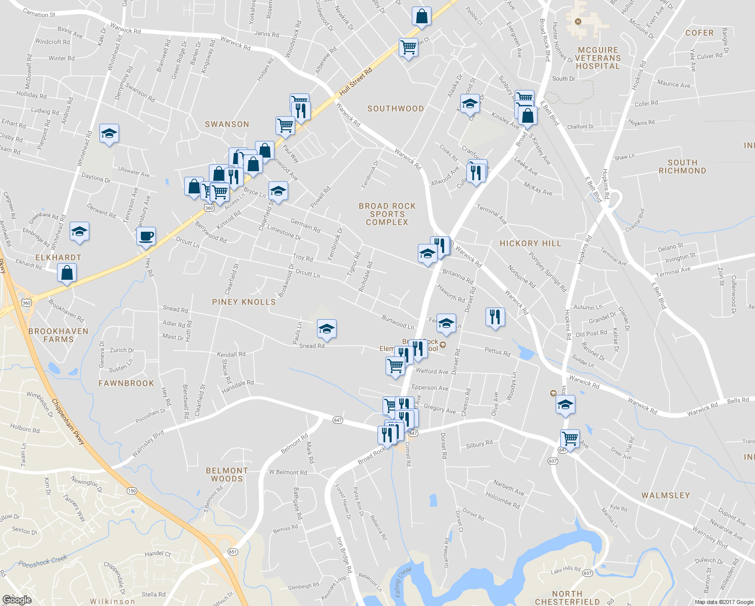 map of restaurants, bars, coffee shops, grocery stores, and more near 4927 Orcutt Lane in Richmond