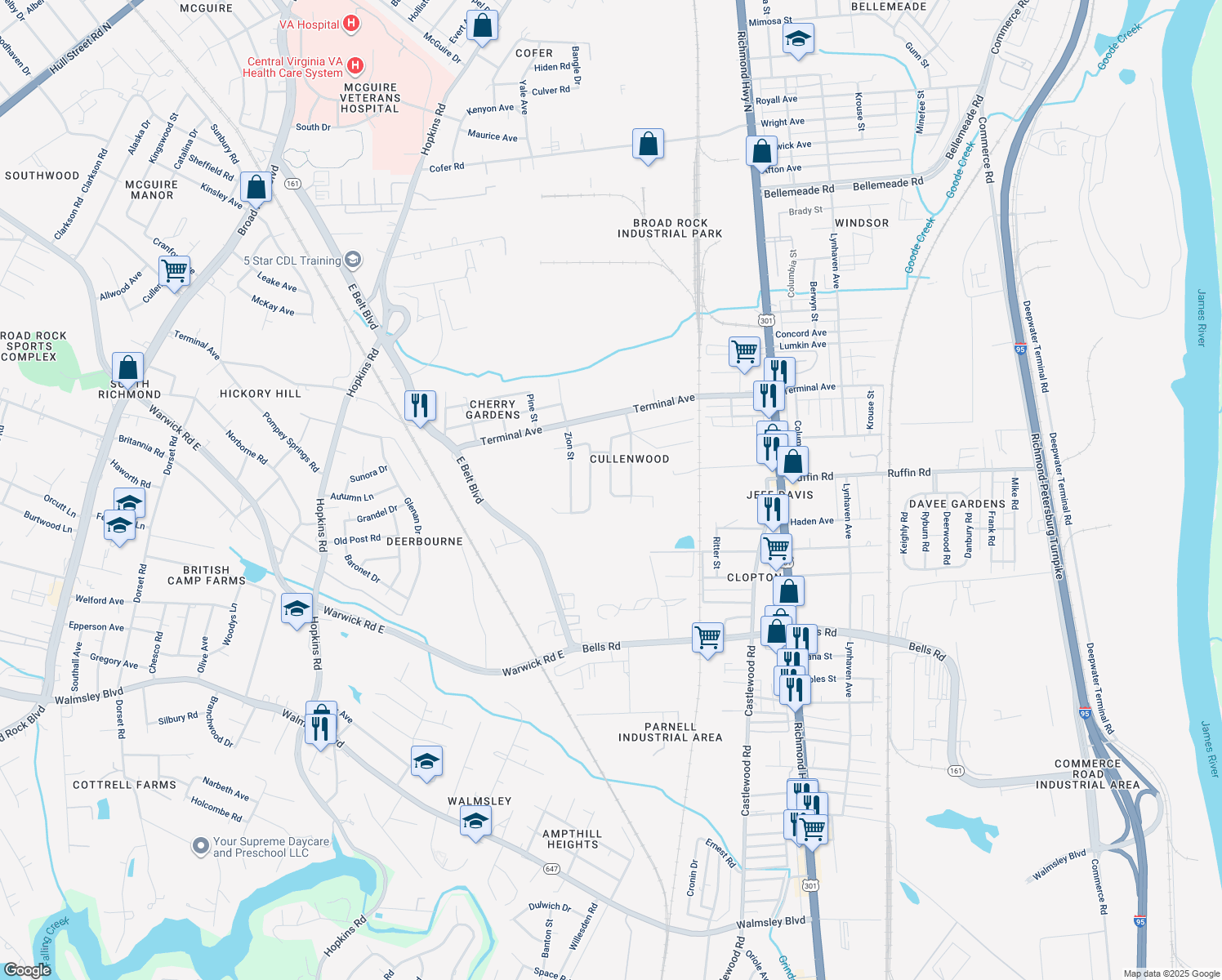 map of restaurants, bars, coffee shops, grocery stores, and more near 3156 Bashford Lane in Richmond