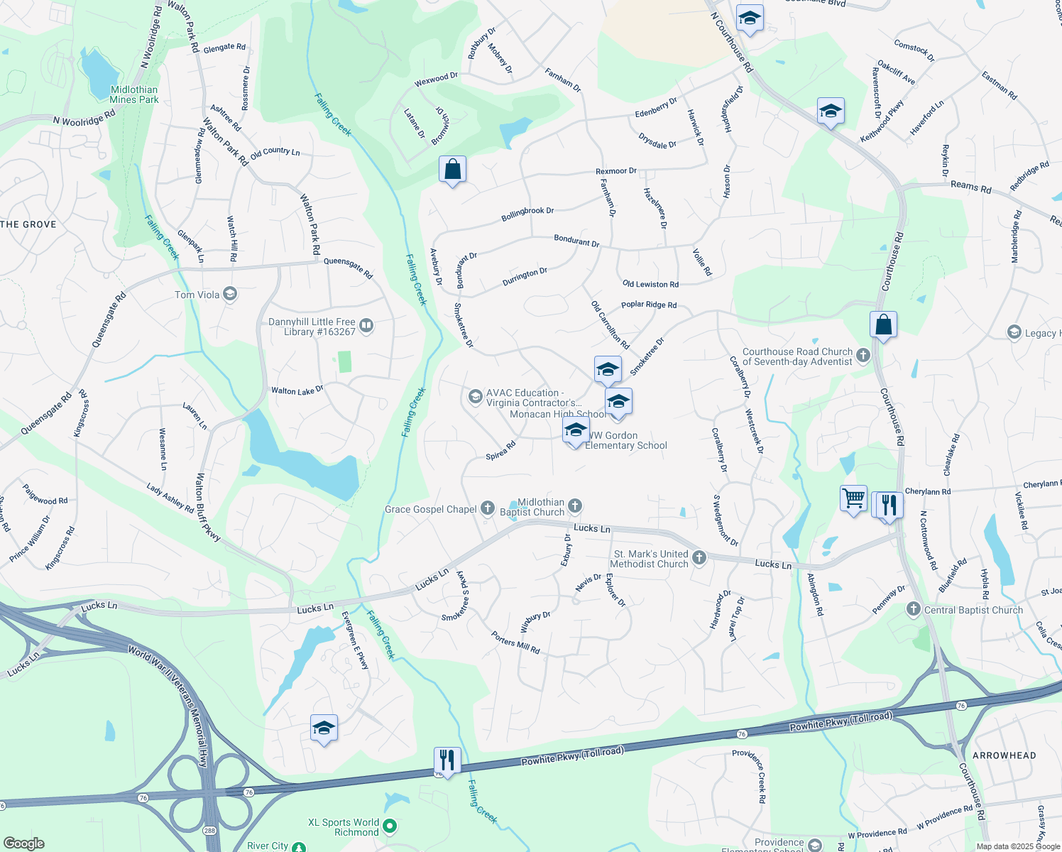 map of restaurants, bars, coffee shops, grocery stores, and more near 713 Spirea Road in Richmond