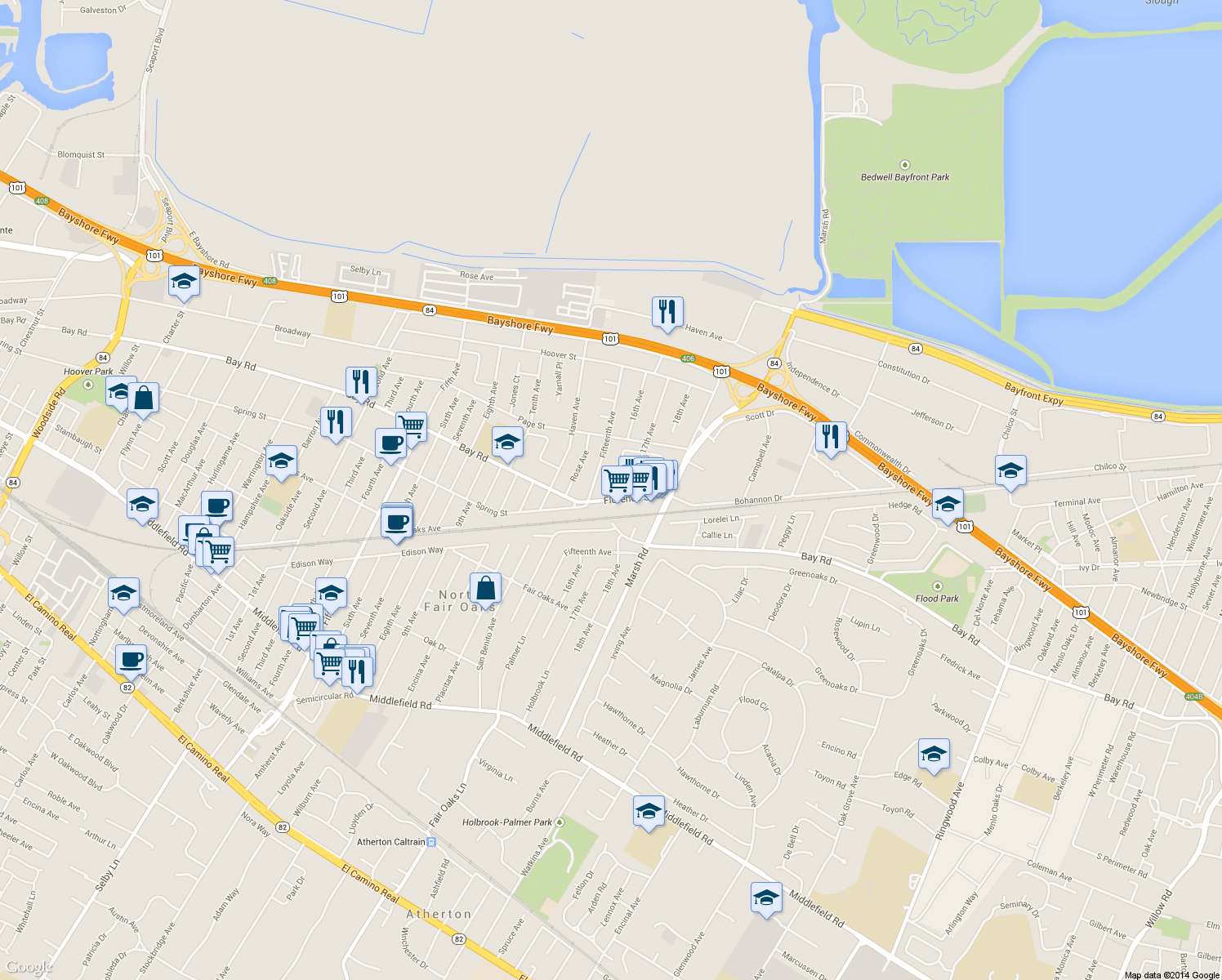 map of restaurants, bars, coffee shops, grocery stores, and more near Saint Marys Place in Redwood City