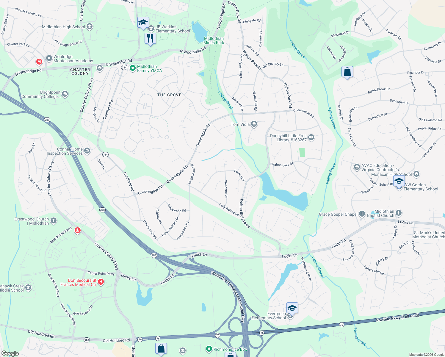 map of restaurants, bars, coffee shops, grocery stores, and more near 13200 Wesanne Terrace in Midlothian
