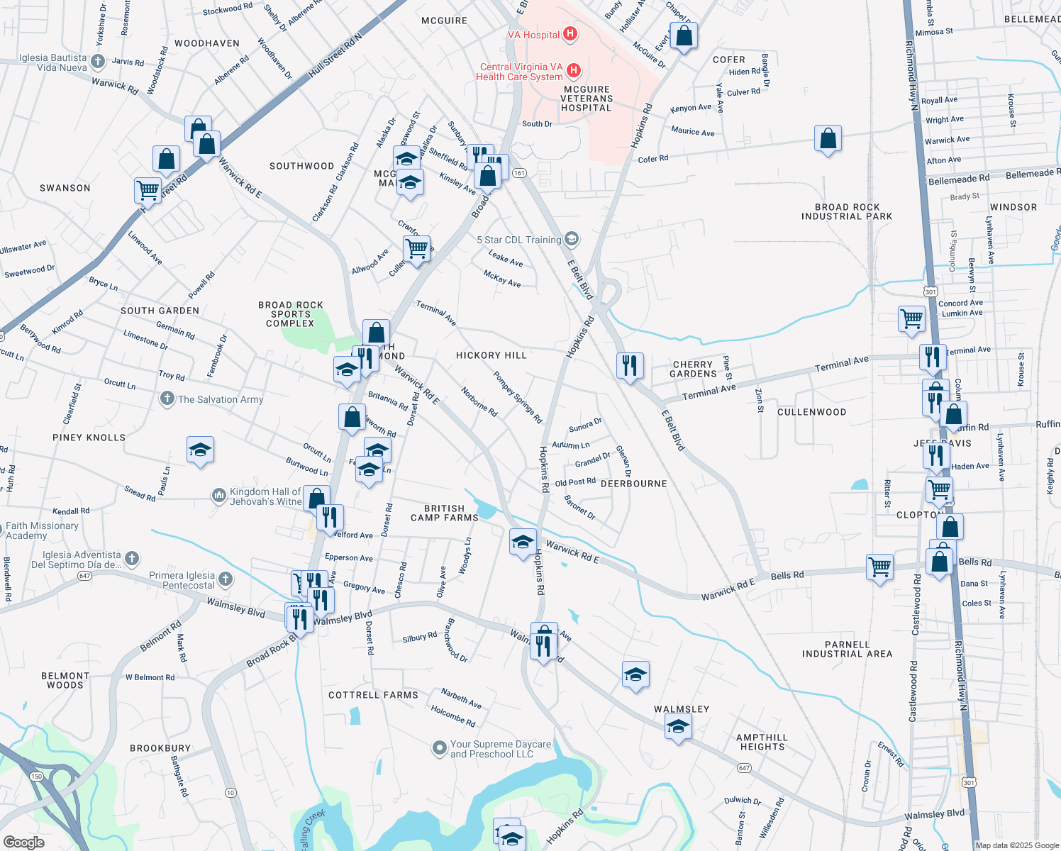 map of restaurants, bars, coffee shops, grocery stores, and more near 2800 Hopkins Road in Richmond