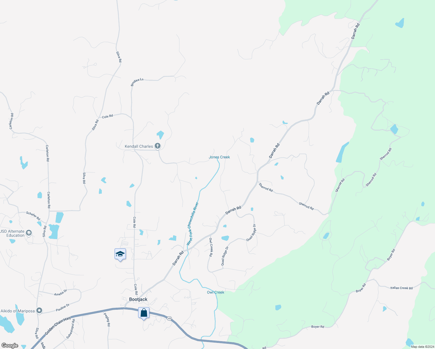 map of restaurants, bars, coffee shops, grocery stores, and more near 3993 Snow Creek Road in Mariposa