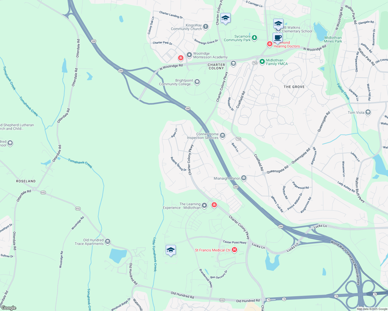 map of restaurants, bars, coffee shops, grocery stores, and more near 14119 Alcorn Way in Midlothian