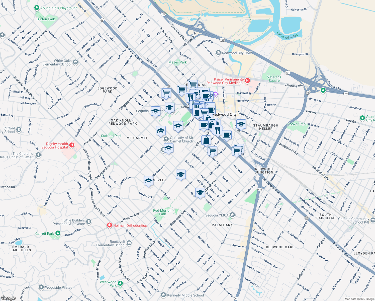 map of restaurants, bars, coffee shops, grocery stores, and more near 516 Cleveland Street in Redwood City