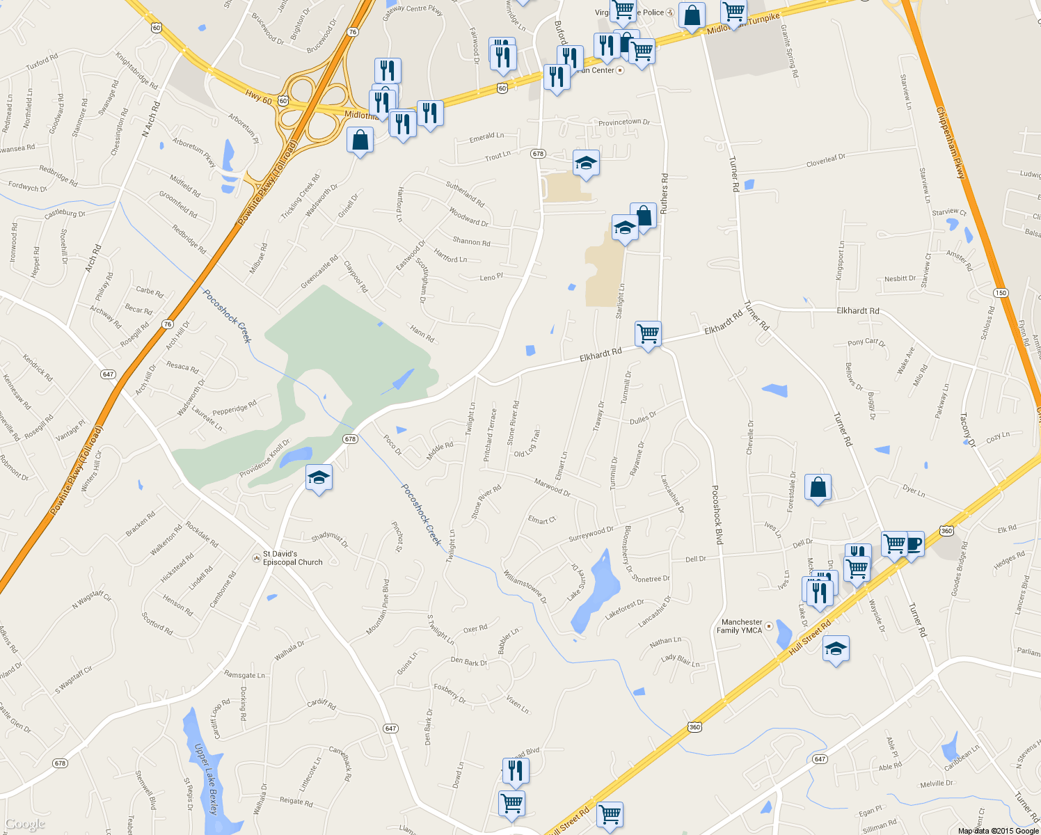 map of restaurants, bars, coffee shops, grocery stores, and more near 1317 Stone River Road in Richmond