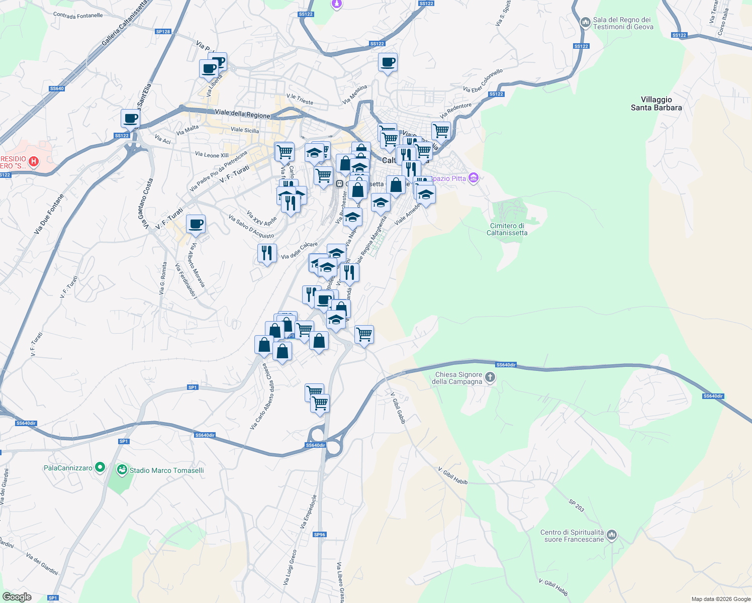 map of restaurants, bars, coffee shops, grocery stores, and more near 30 Via Stazzone in Caltanissetta