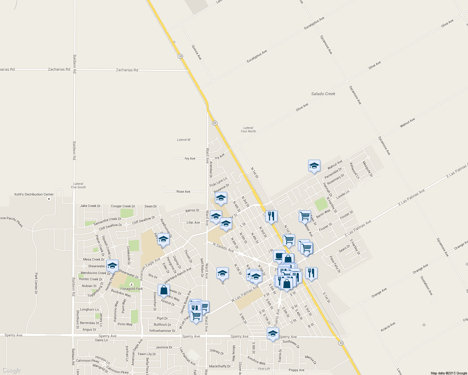 map of restaurants, bars, coffee shops, grocery stores, and more near 730 North 3rd Street in Patterson