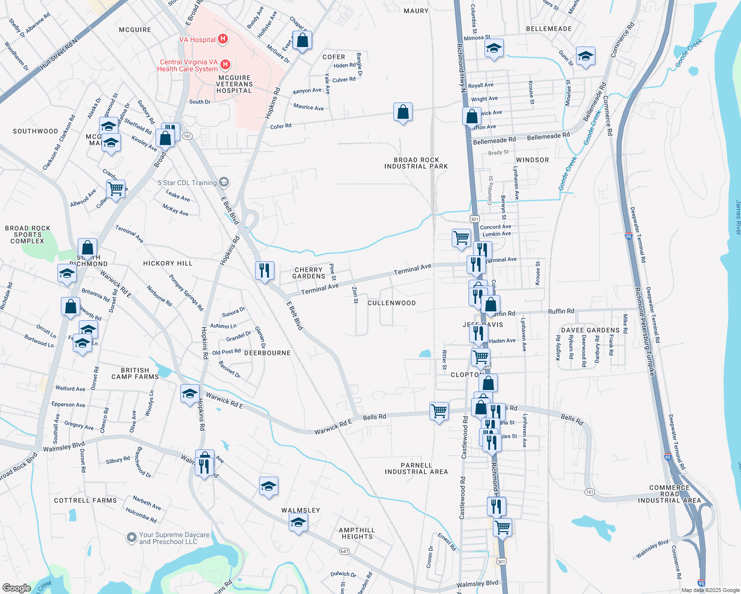 map of restaurants, bars, coffee shops, grocery stores, and more near 3107 Cullenwood Drive in Richmond