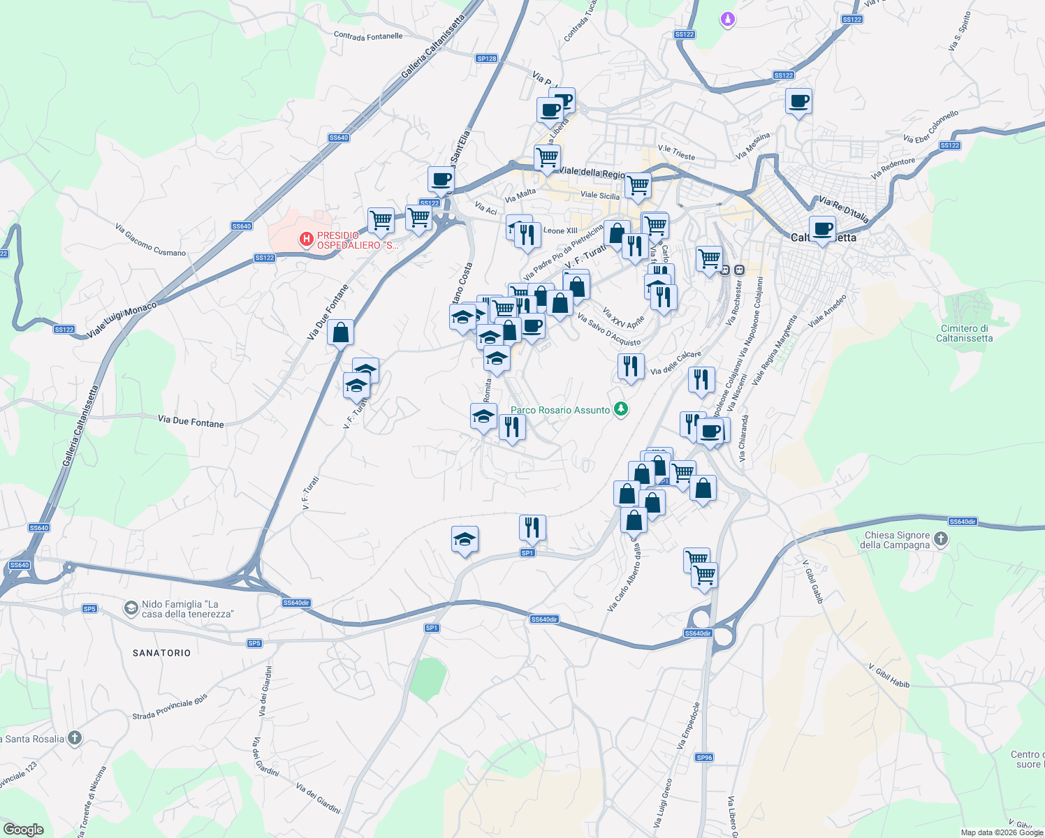 map of restaurants, bars, coffee shops, grocery stores, and more near 9 Via Pavese Cesare in Caltanissetta