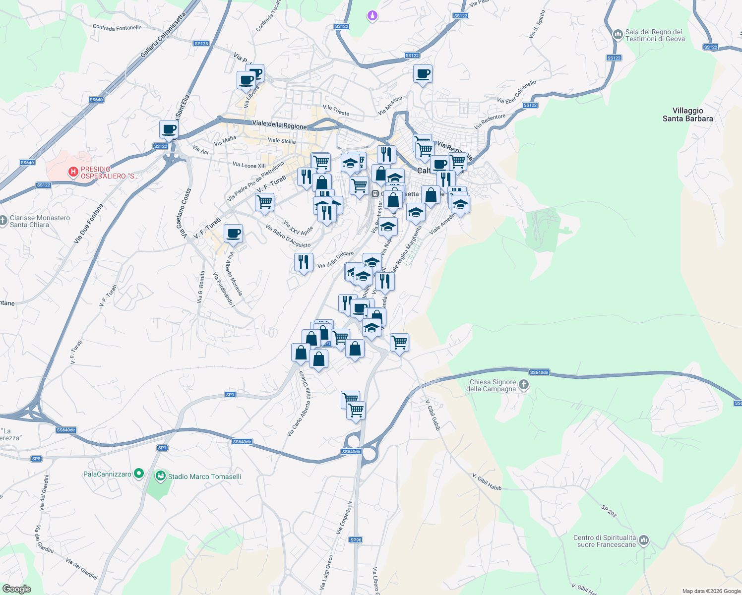 map of restaurants, bars, coffee shops, grocery stores, and more near 284 Via Colajanni Napoleone in Caltanissetta