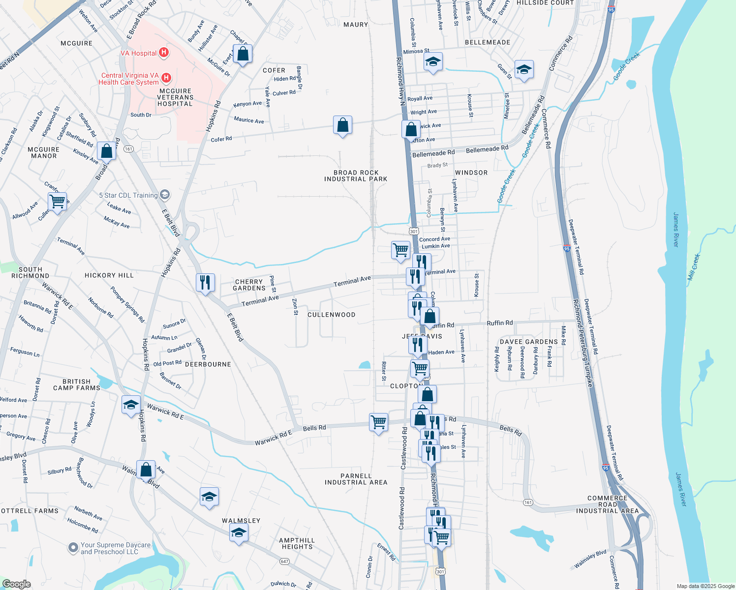 map of restaurants, bars, coffee shops, grocery stores, and more near 2801 Montecrest Avenue in Richmond