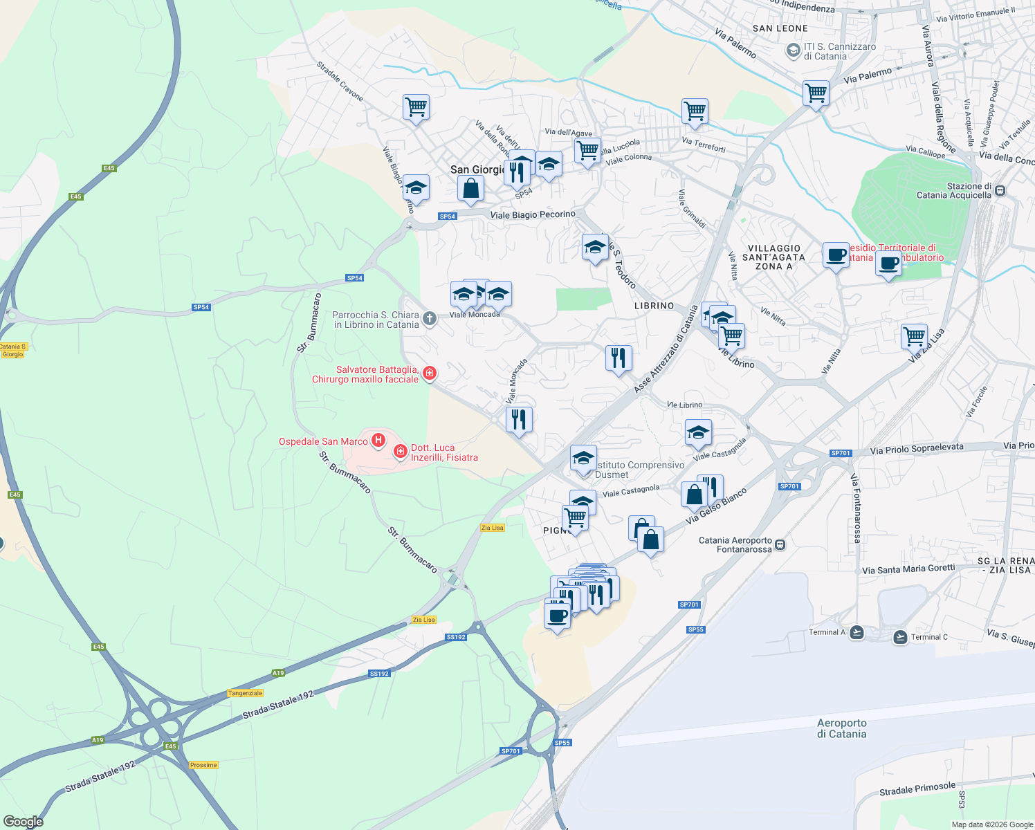 map of restaurants, bars, coffee shops, grocery stores, and more near in Città metropolitana di Catania