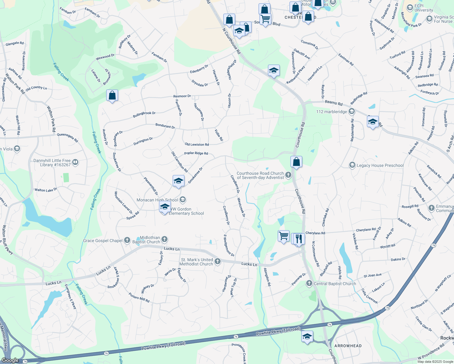 map of restaurants, bars, coffee shops, grocery stores, and more near 11312 McCauliff Court in Richmond