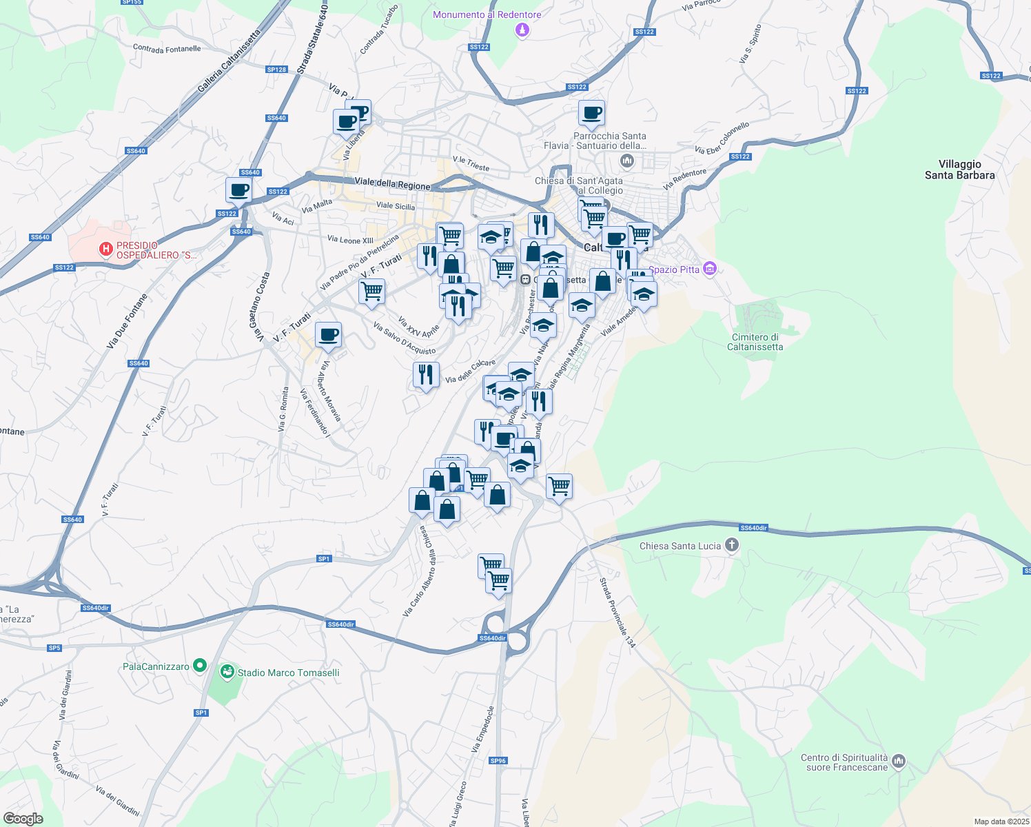 map of restaurants, bars, coffee shops, grocery stores, and more near 284 Via Colajanni Napoleone in Caltanissetta