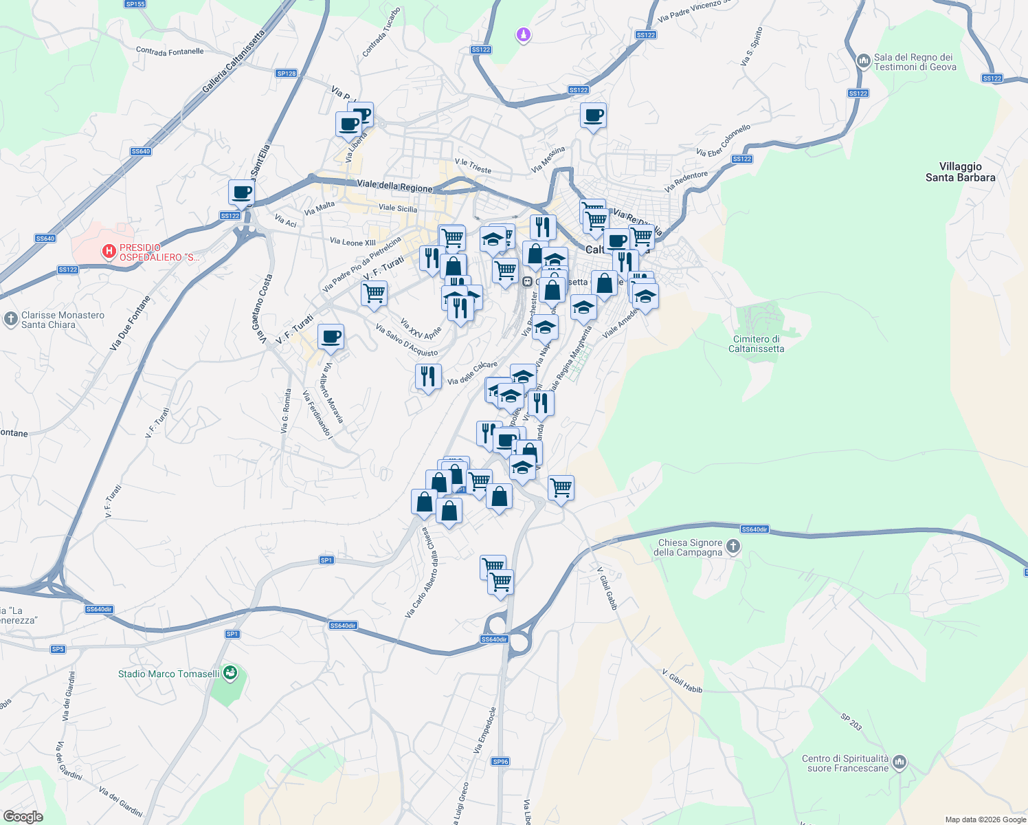 map of restaurants, bars, coffee shops, grocery stores, and more near 284 Via Colajanni Napoleone in Caltanissetta