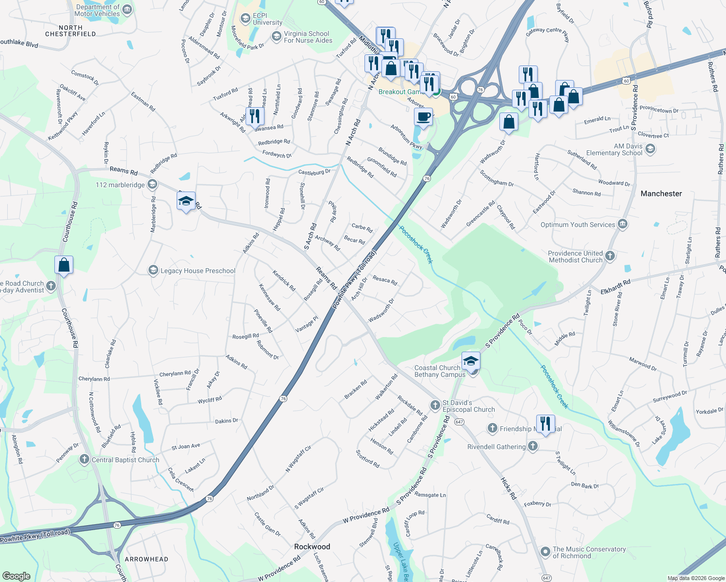 map of restaurants, bars, coffee shops, grocery stores, and more near 1131 Arch Hill Drive in Richmond