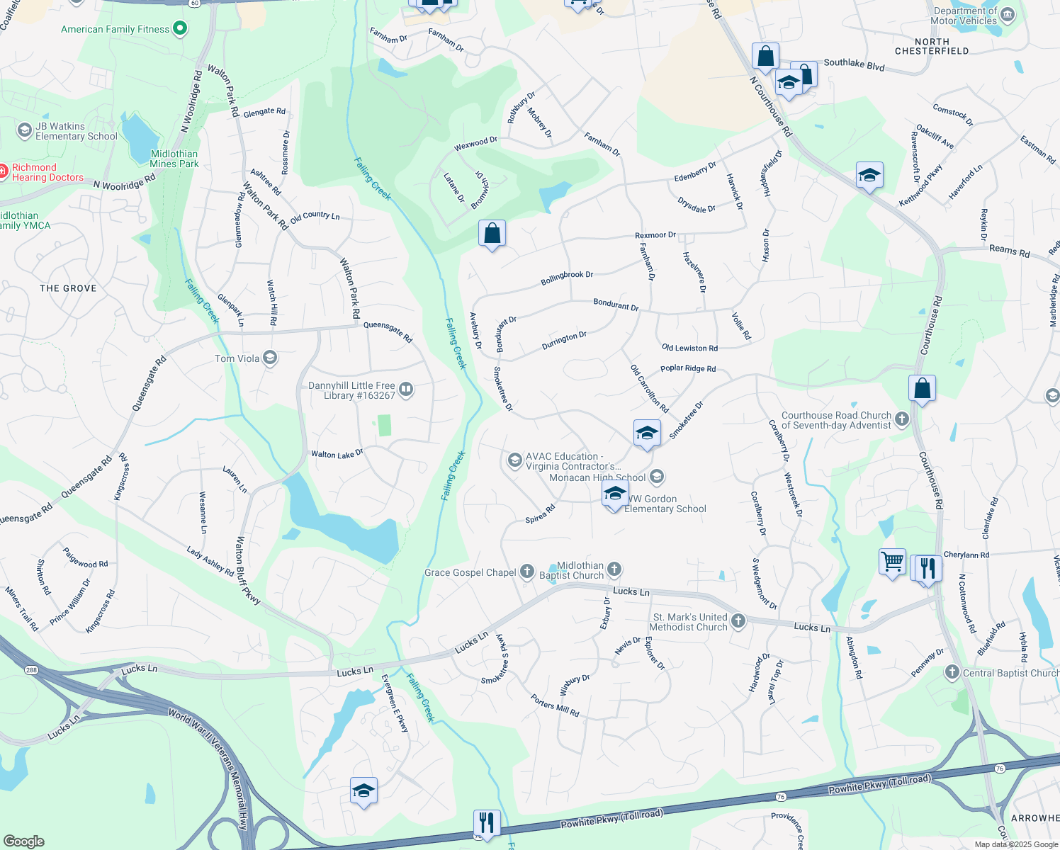 map of restaurants, bars, coffee shops, grocery stores, and more near 500 Smoketree Place in Richmond