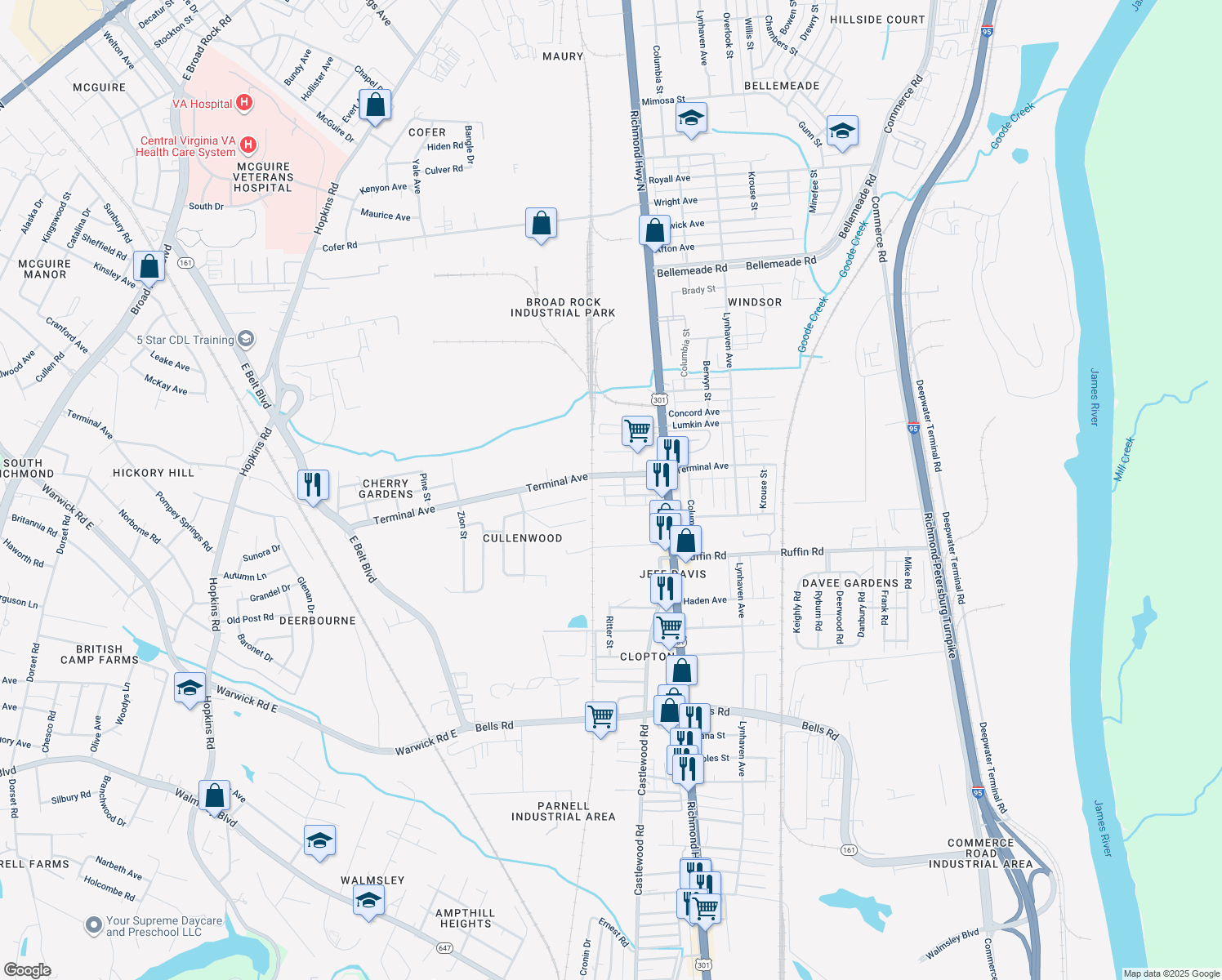 map of restaurants, bars, coffee shops, grocery stores, and more near 2707 Lochaven Boulevard in Richmond