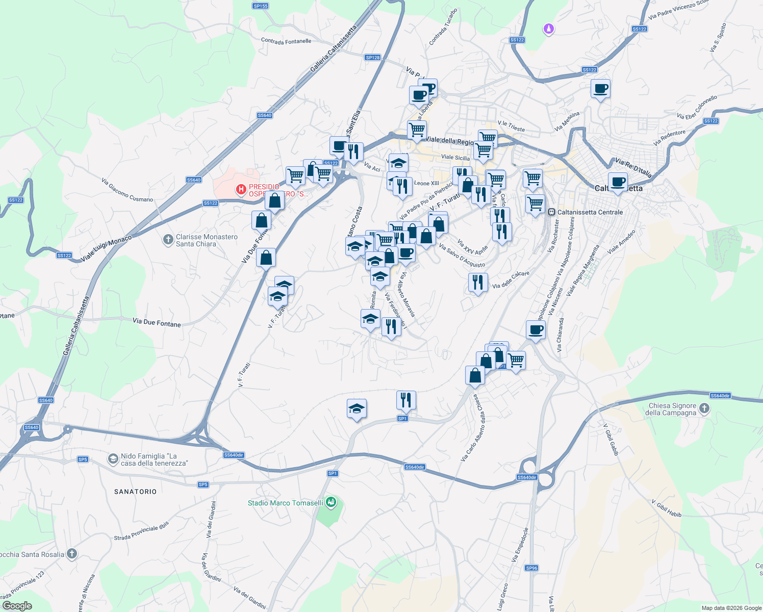 map of restaurants, bars, coffee shops, grocery stores, and more near 33 Via Balate in Caltanissetta