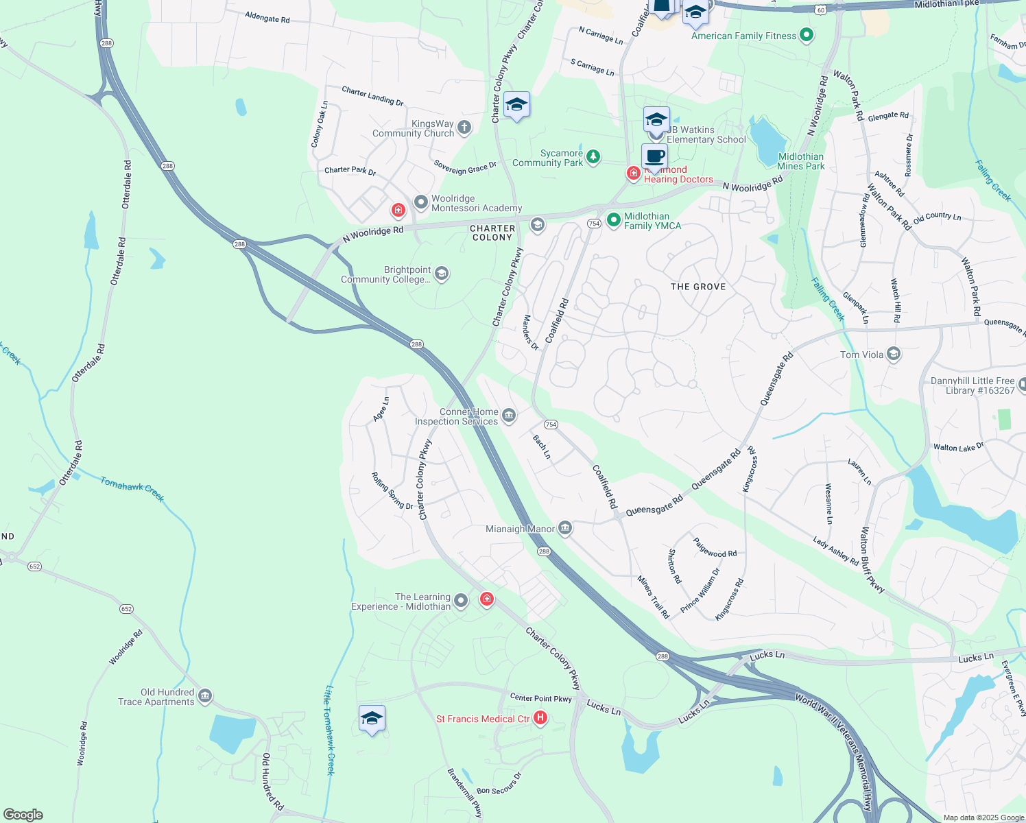 map of restaurants, bars, coffee shops, grocery stores, and more near 936 Nailor Way in Midlothian
