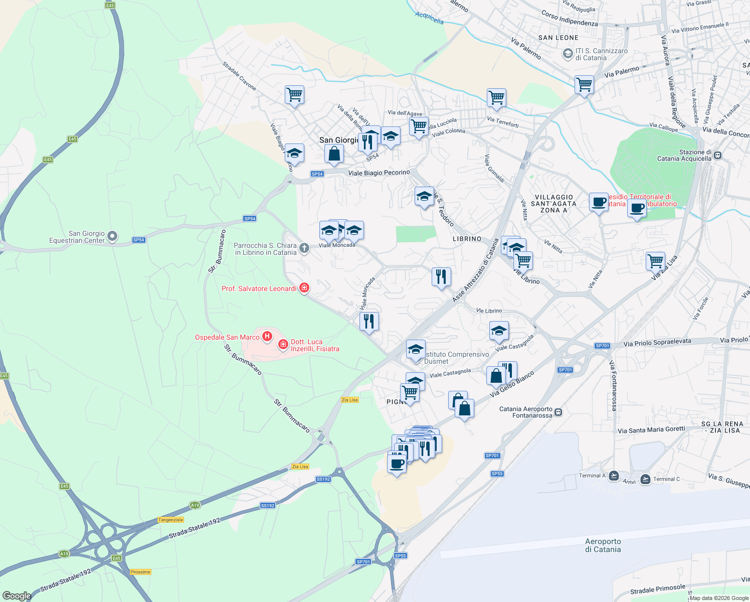 map of restaurants, bars, coffee shops, grocery stores, and more near in Città metropolitana di Catania