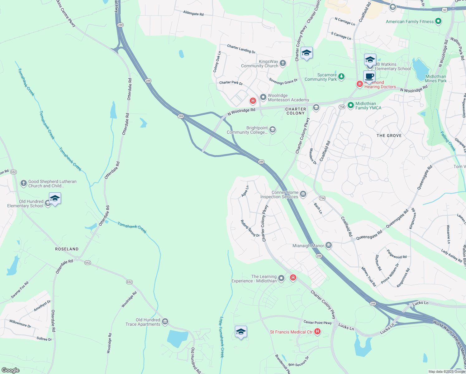 map of restaurants, bars, coffee shops, grocery stores, and more near 1531 Lundy Terrace in Midlothian