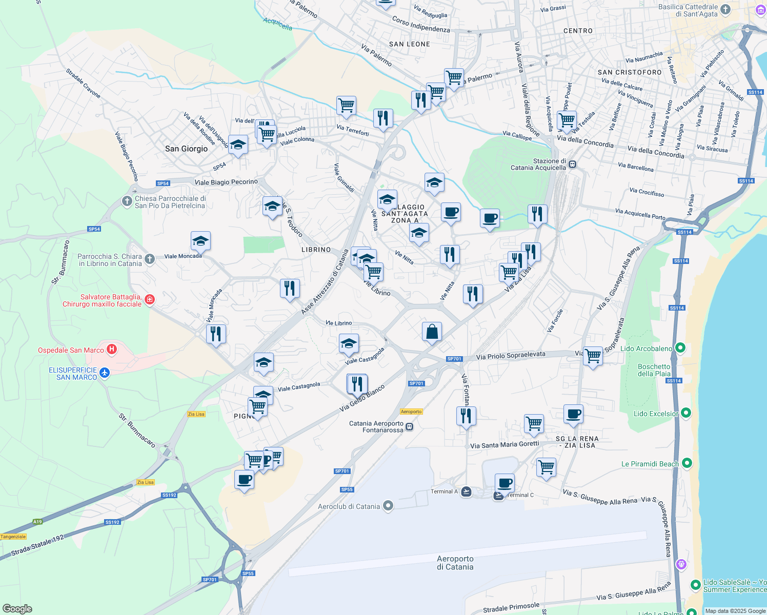 map of restaurants, bars, coffee shops, grocery stores, and more near 8 Viale Librino in Catania