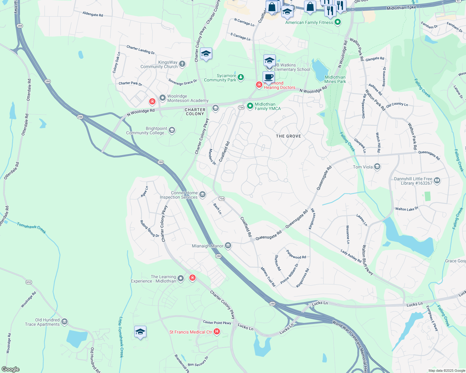 map of restaurants, bars, coffee shops, grocery stores, and more near 1231 Hawkins Wood Circle in Midlothian